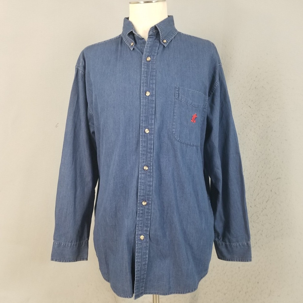 Disneyland Resort Shirt Mens L‎ Blue Denim Chambray Mickey Mouse Button Down L/S